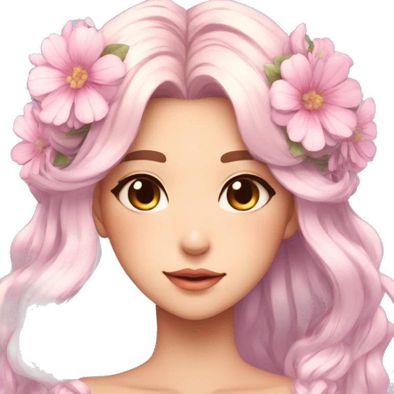 Shiny Gorgeous Pastel Anime Lady with blushing face and pretty hair with a flower crown aesthetic trending style emoji