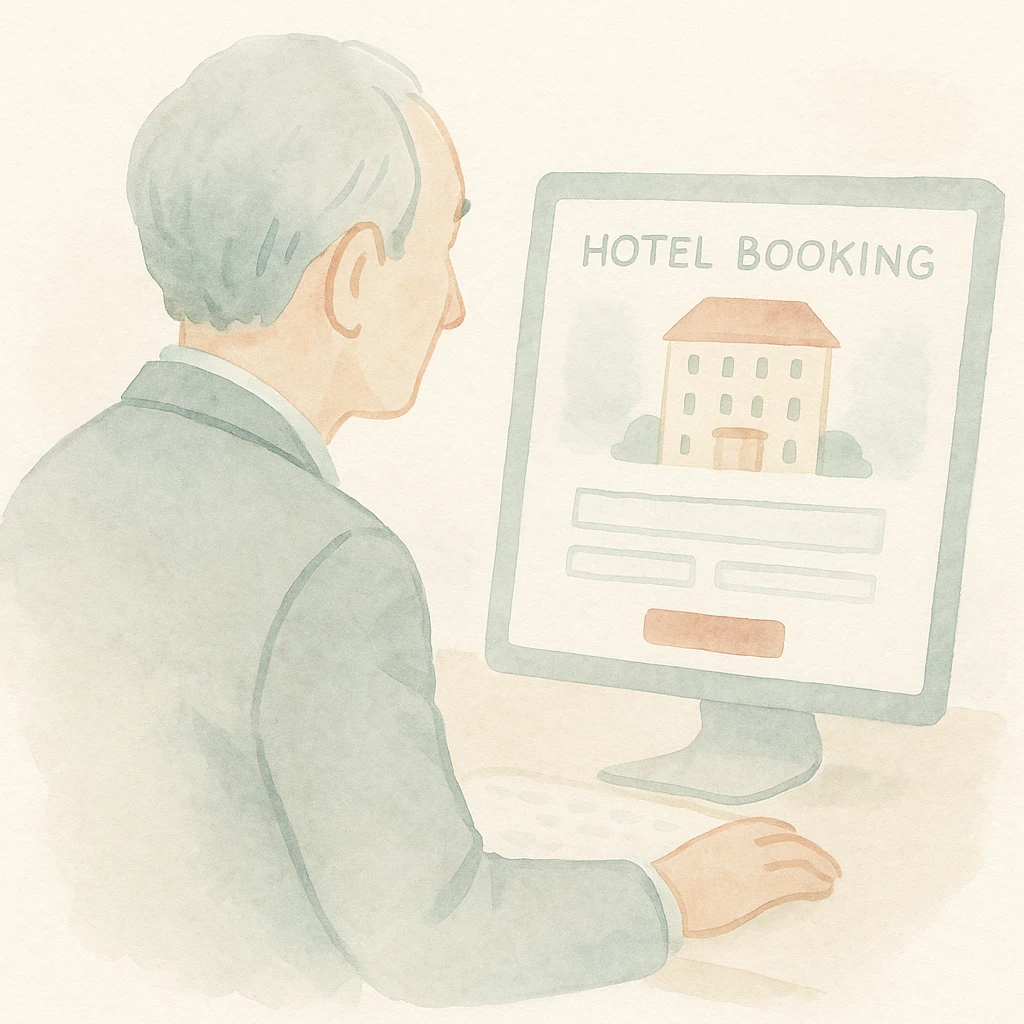 soft watercolor illustration in a minimalist modern style of a Japanese older man in a suit sitting in front of a computer, booking a hotel room on the screen, view from the back showing the computer screen, pastel colors, delicate linework, gentle whimsical mood, minimal soft shading emoji