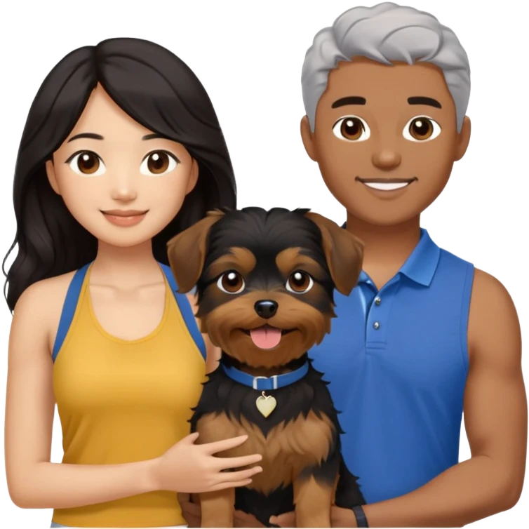 A pretty Asian girl with long, luscious wavy black hair (loose, no hair tie), wearing a sleeveless halter top. She is standing beside a brown-skinned man with a middle part haircut, who is wearing a polo shirt. They are both smiling and holding a small Yorkshire Terrier together. emoji