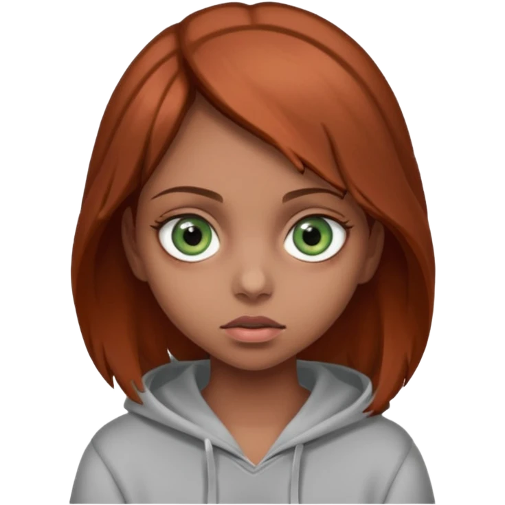A girl with medium-length reddish-brown hair and hazel-green eyes, wearing a gray hoodie and holding an eyeball.  emoji