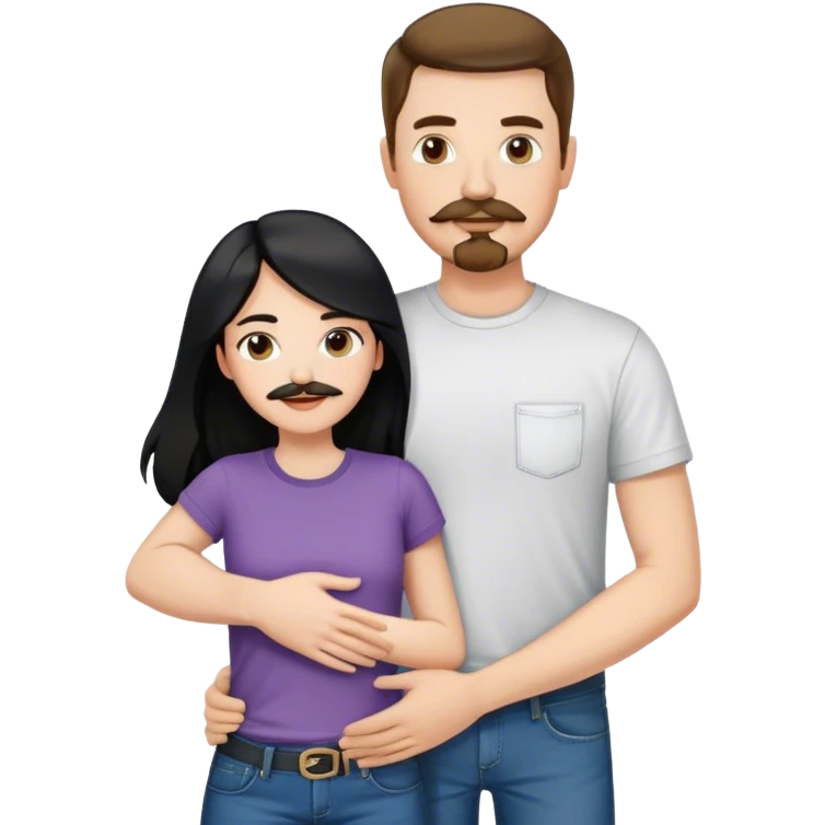 tall white man with brown hair goatee mustache wearing t-shirt and jeans hugging a shorter white woman with long black hair emoji