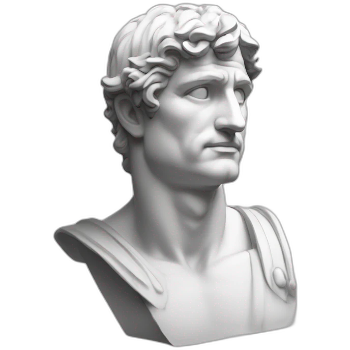 estátua dos pés a cabeça de um homem musculoso igual a Roma antiga. Mármore branco. Sem roupas. O bico do peito está em destaque, em seguida a V-Line da cintura. Sem roupa. Nadega de fora. emoji