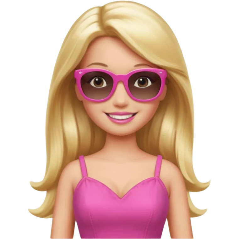 barbie with long blonde hair wear sun glasses, pink dress emoji