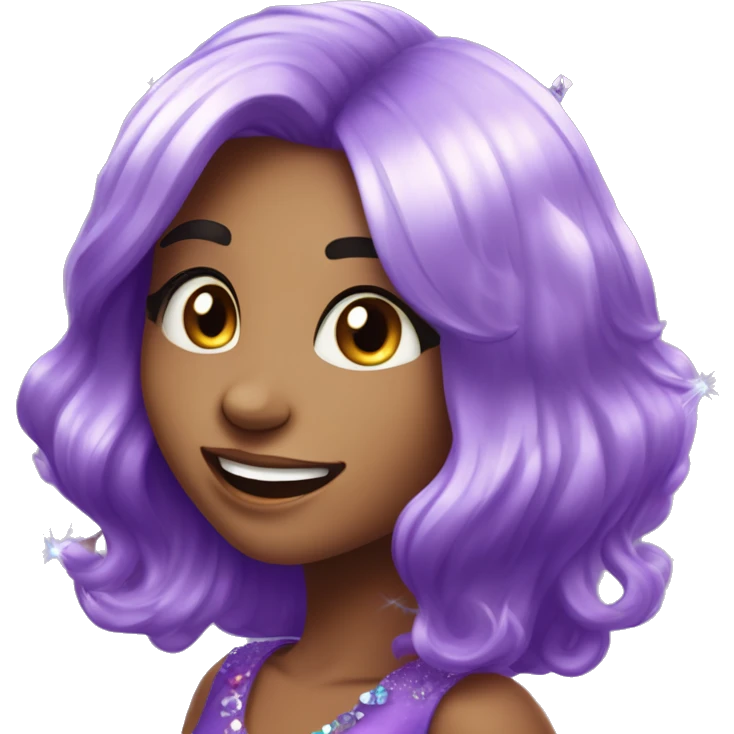 one girl with purple diamond hair made from purple crystals or diamonds or jewels, she is feeling happy and elated and excited, make her hair shiny with prisms and angles and edges, now make her hair crystallized, make her hair only crystals no real hair emoji