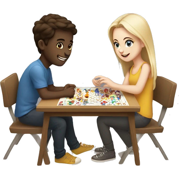 Two young people with white skin, one boy and one girl, are playing a board game. emoji