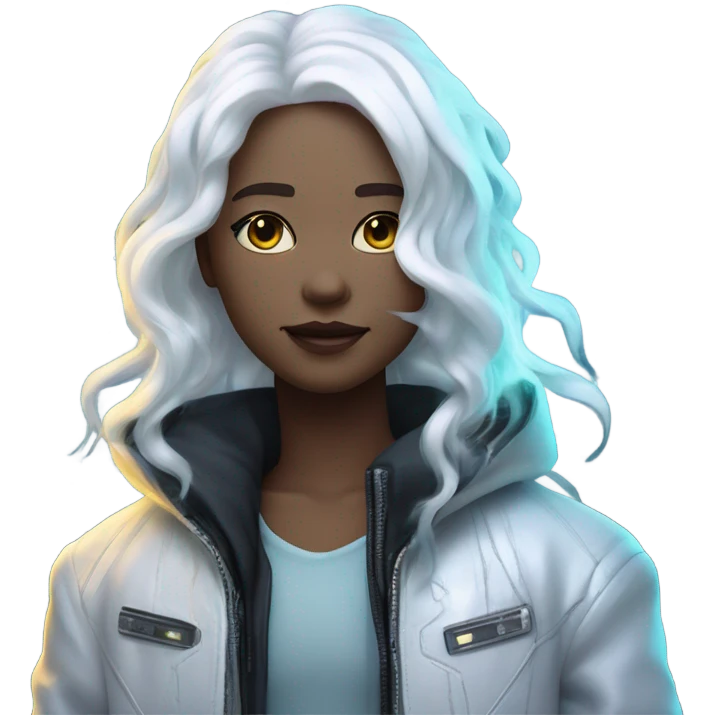 Person with long, flowing white hair, wearing a futuristic jacket with neon accents, a serene expression, surrounded by glowing stars and sparkles, evoking a cyberpunk and ethereal aesthetic. emoji