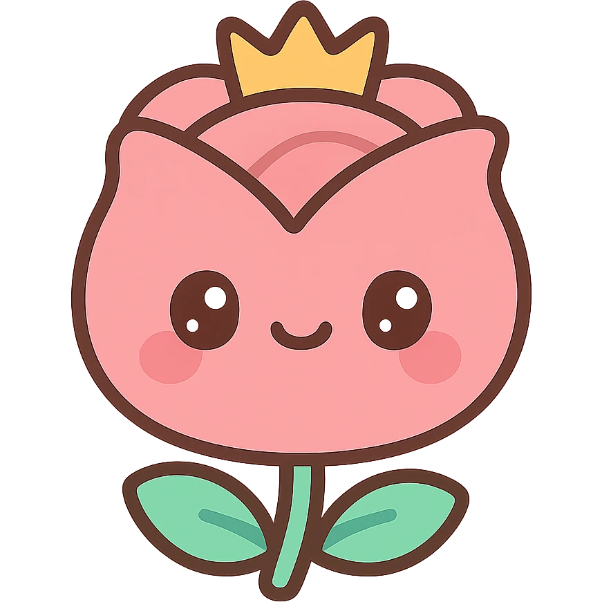 round smiling rose with a crown, cartoonish and cute, kawaii style emoji