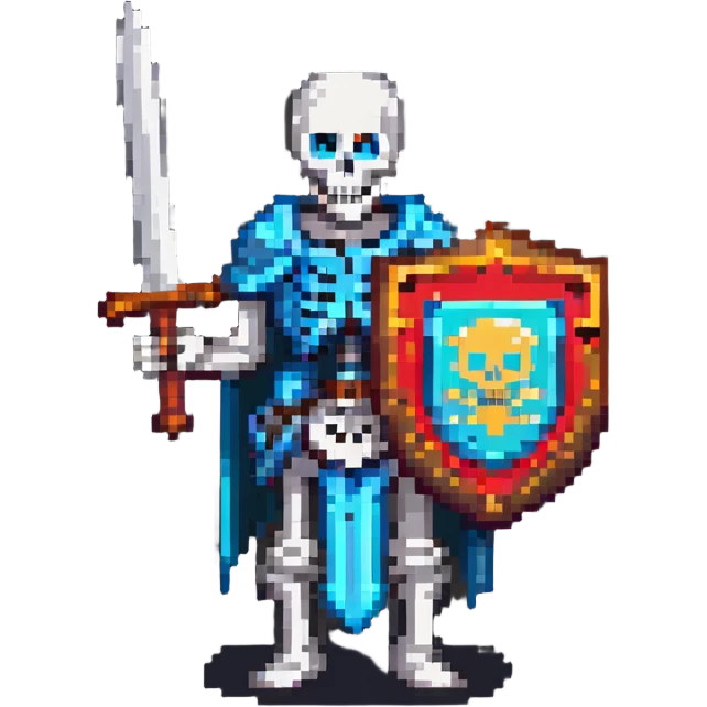 pixel art skeleton with a sword and shield, retro game style emoji