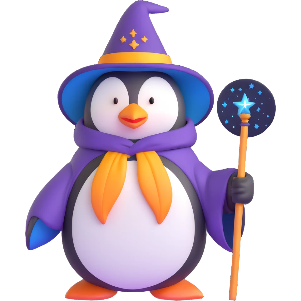 penguin wearing wizard hat and robe holding a magic wand emoji