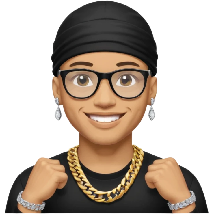lightskin man with a black durag,a cuban link chain,glasses, and smiling flexing diamond studded grillz  emoji