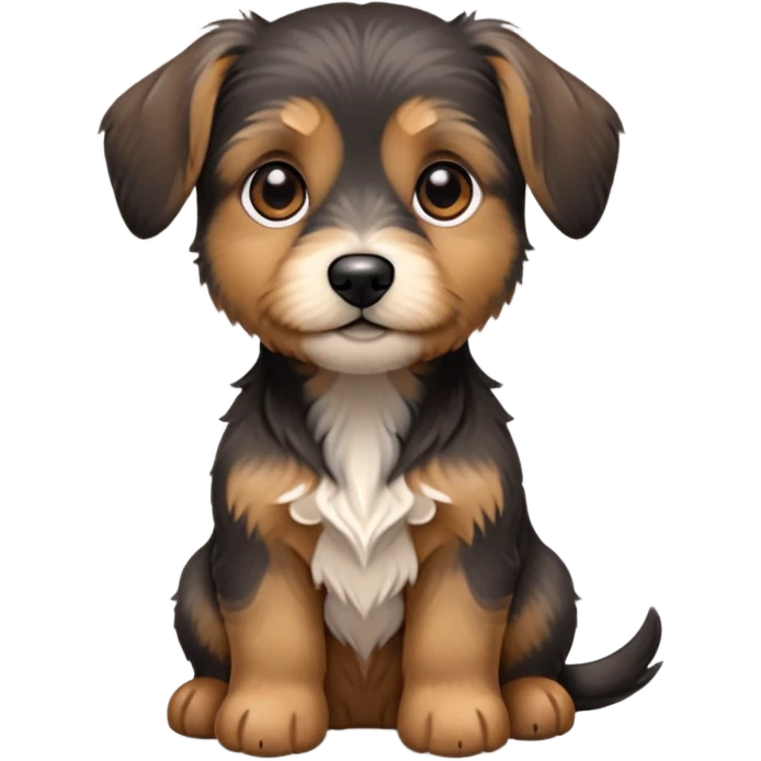 A cute small dog emoji with a wire-haired coat, black and tan coloring, medium-sized floppy ears, short legs, and expressive dark eyes. The dog should look like a mix between a Dachshund and a Yorkshire Terrier. It should have a fluffy, slightly shaggy face with more hair around the snout and eyebrows. Sitting pose, slightly tilted head, with a curious and gentle expression. emoji
