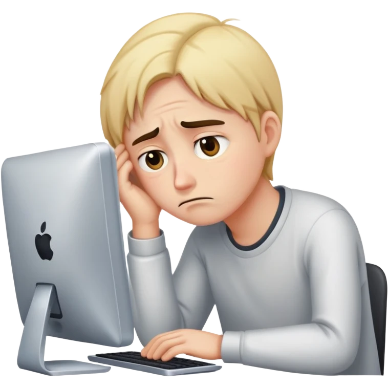 sad emoji with tired look near computer emoji