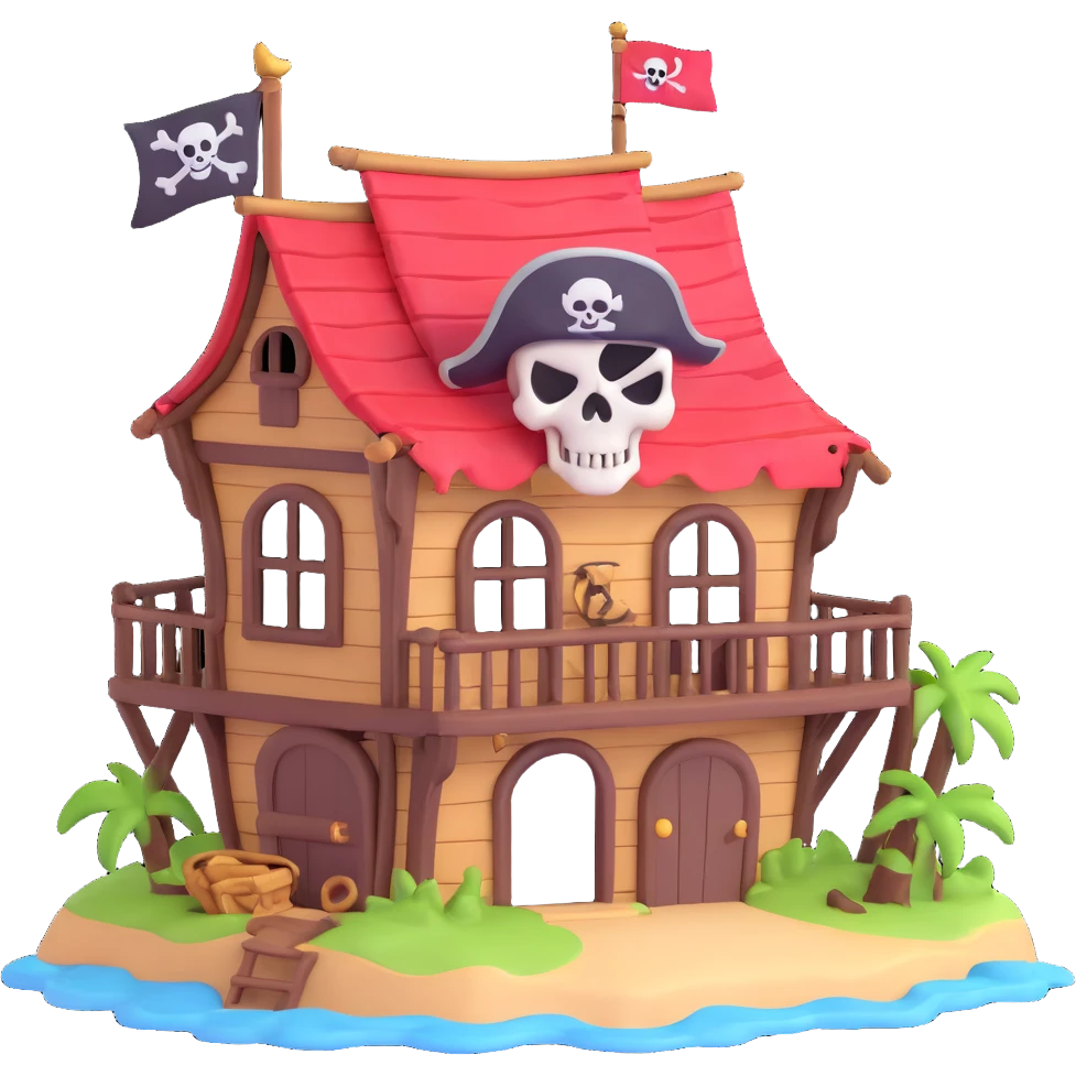 old pirate's house with skull flag emoji
