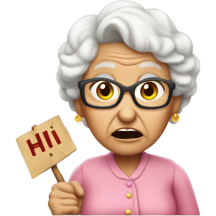Angry grandma holding a sign that says “Hi Urrolba” emoji