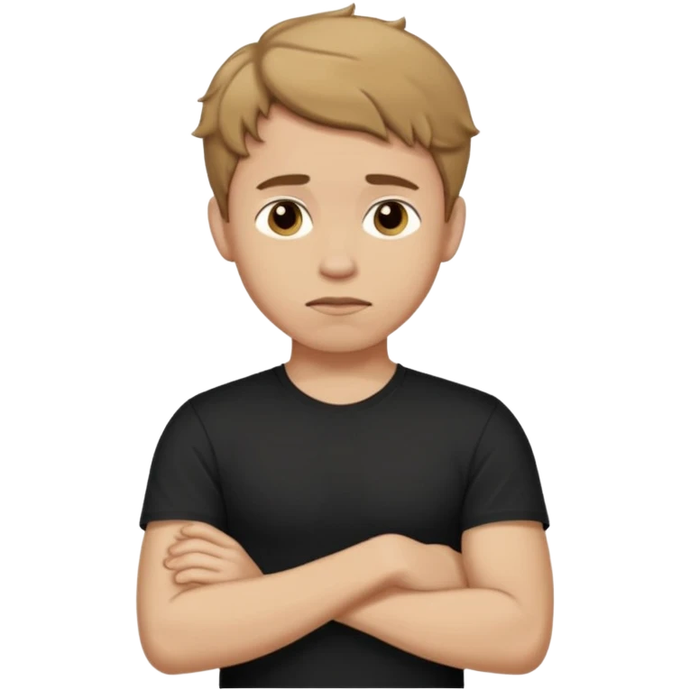 A Man with a sorry expression. He has short wavy light-brown hair and wearing a black t-shirt, and a visible bulge on the groin area molding his testicles. emoji