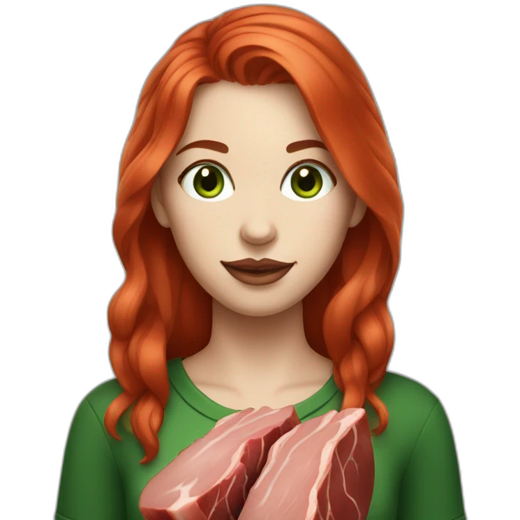 vegan woman white skin red hair green eyes holding meat emoji