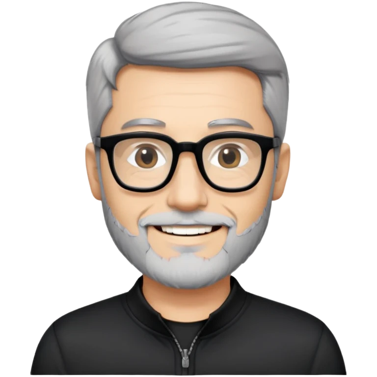 Fair-skinned man with short black hair styled upward, short graying beard, large black-framed glasses, smiling, wearing black long sleeve shirt with zip at neck emoji