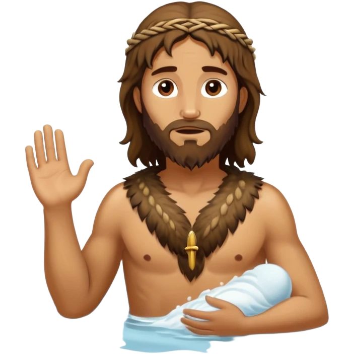 John the baptist animal skin clothes, rough looking, baptizing Jesus is 33 emoji