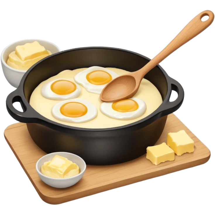 A carton of eggs, butter and a cream ceramic baking bowl with a wooden spoon in it emoji