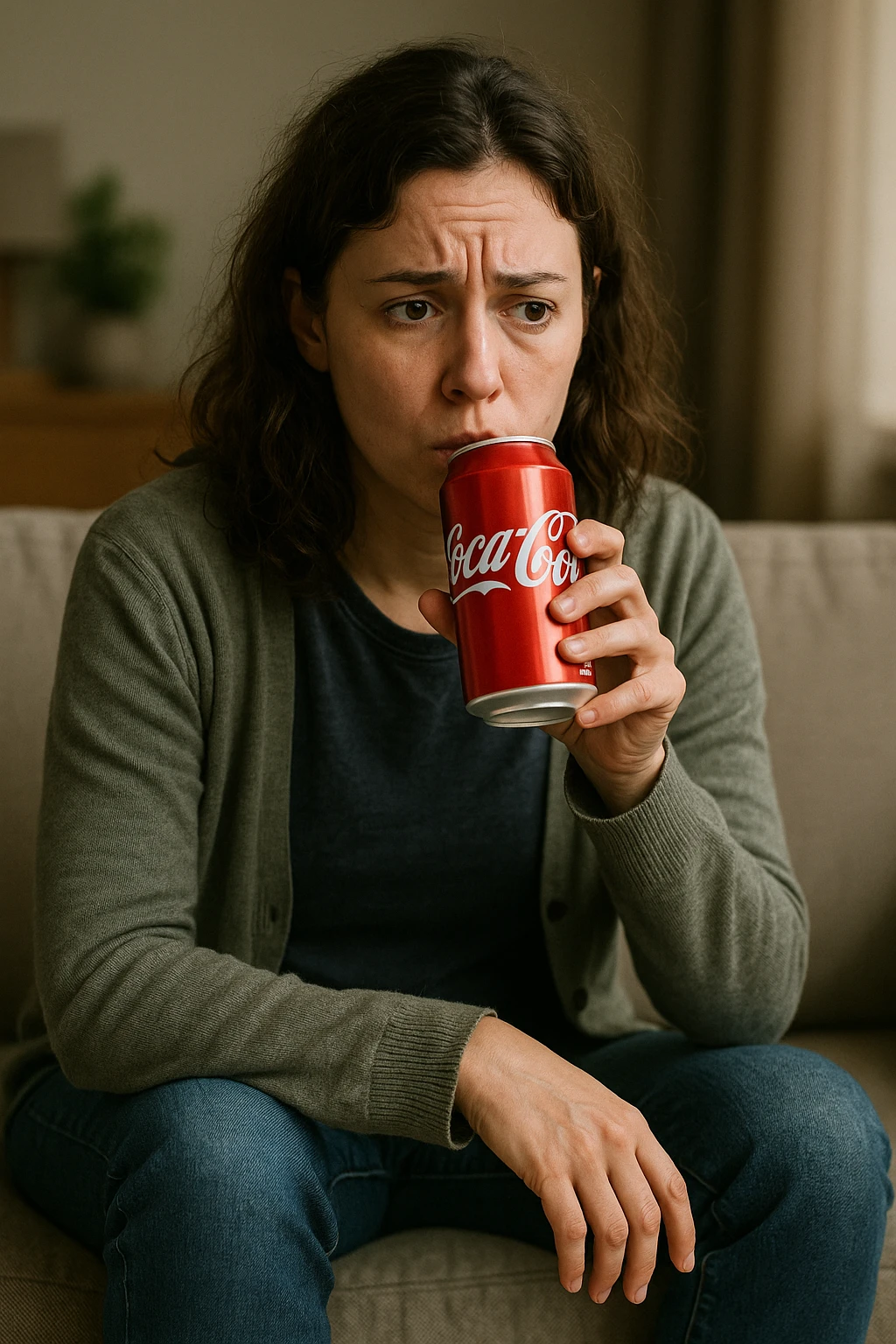 donna con ansia. Che beve coca cola. Immagini realistiche emoji