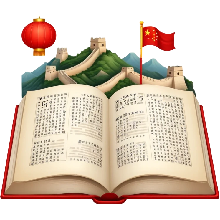 An icon featuring the Great Wall of China and the flag of China, symbolizing the Chinese language. The design includes an open book with Chinese characters and a red lantern, representing language learning and rich cultural tradition. Transparent background highlights the depth of Chinese heritage. emoji