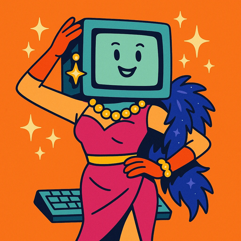 a computer with a glamorous outfit, sparkling accessories, confident pose, playful style, dress to impress in your computer emoji