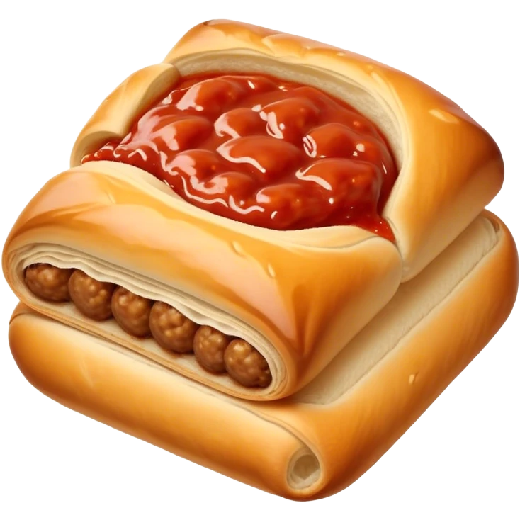 cinematic-realistic-sausage-roll-dish-emoji, with a squeeze of tomatoe sauce on top emoji