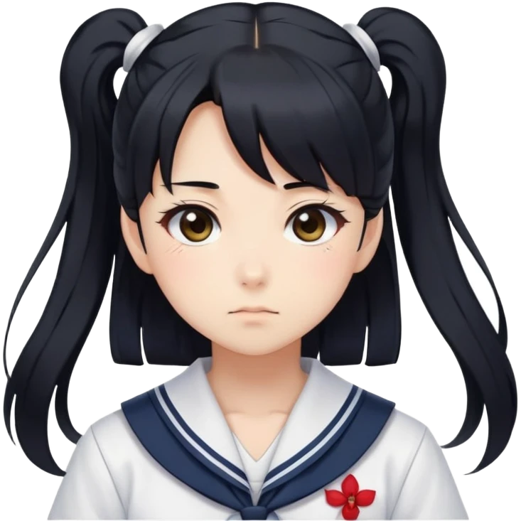 Serious anime girl with long black hair in high ponytail wearing Japanese sailor style school uniform, stern expression, kawaii style emoji