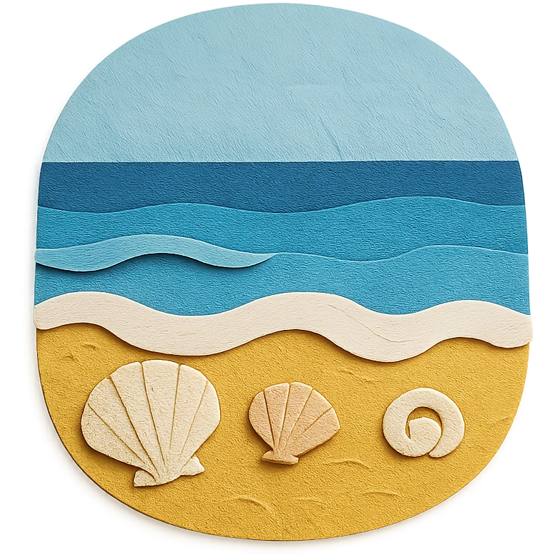 view of the ocean from the beach with sand, shells, and gentle waves in paper-craft style emoji