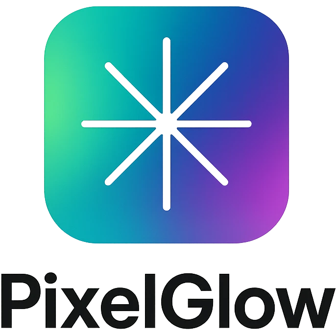 modern minimal logo for PixelGlow, rounded square with an aurora-style gradient background, central white geometric starburst symbolizing creativity and magic, clean, professional, and tech-friendly emoji