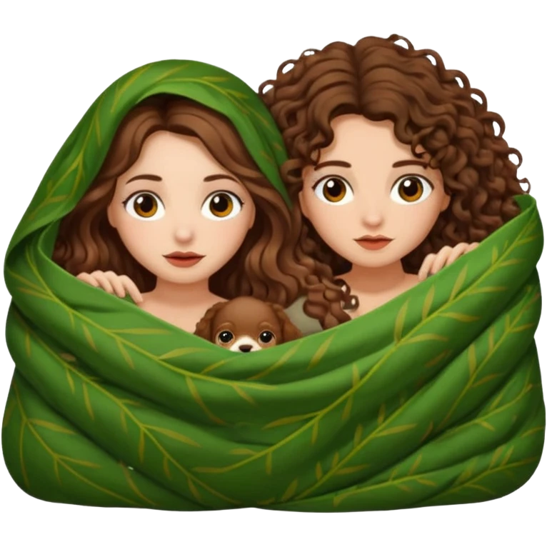 fake sleep pose — long wavy brown hair tattooed woman and short tight curly brown hair woman — peeking under leaf blanket emoji