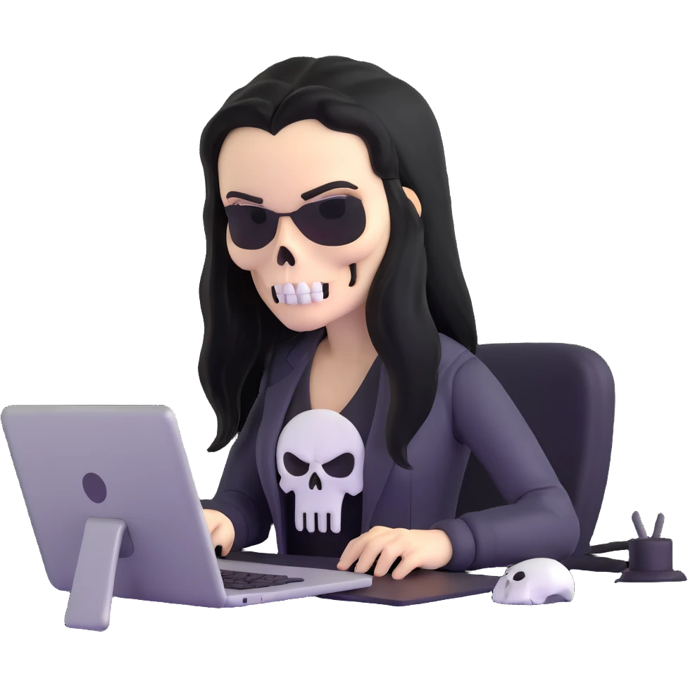 female Punisher skull character with long black hair working on computer emoji