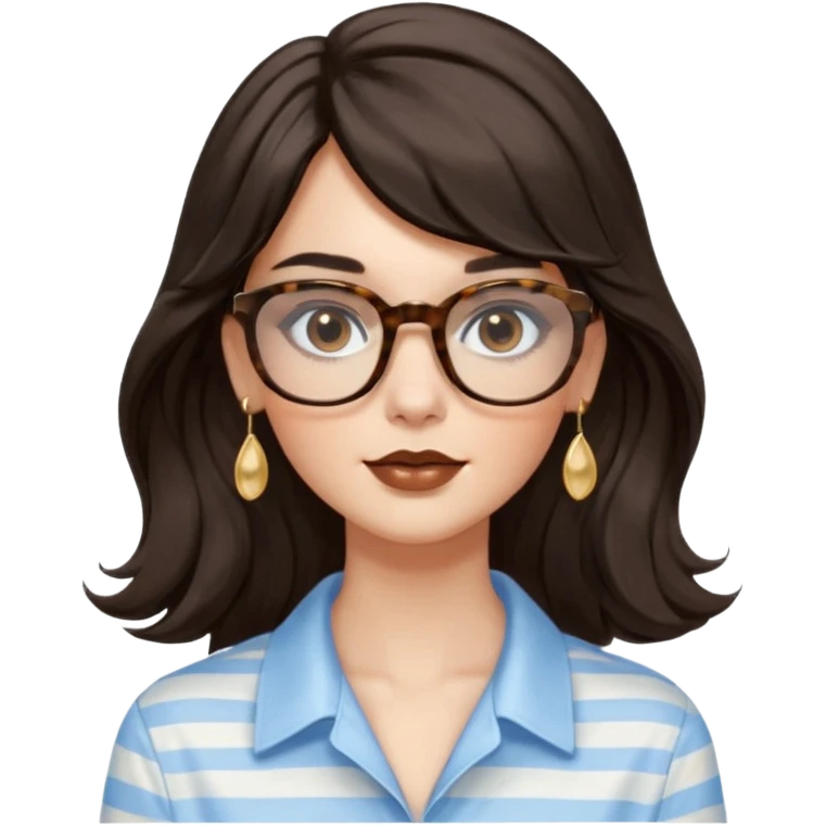 An emoji featuring a woman with long wavy dark brown hair and a whispy bang, wearing thick tortoise SQUARE glasses, gold drop earrings. She has long lashes and a nude browny glossy lipstick. She's wearing an oversize light blue shirt with white vertical strips. emoji