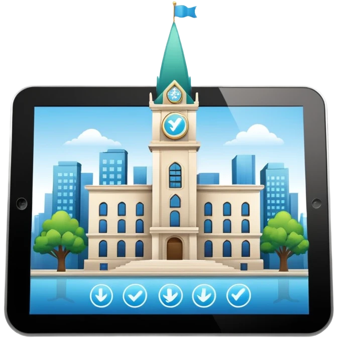 clean digital tablet with check mark and city hall icon, glossy emoji