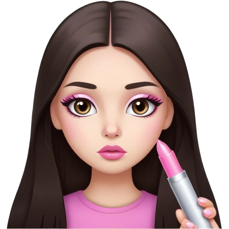 girl with lighter skin, dark brown long straight hair, pouty shiny lips with pink lip gloss, large eyes with eyelashes, pink blush on cheeks, inner eye highlighted with white eyeliner, lighter button nose, long oval-shaped face emoji