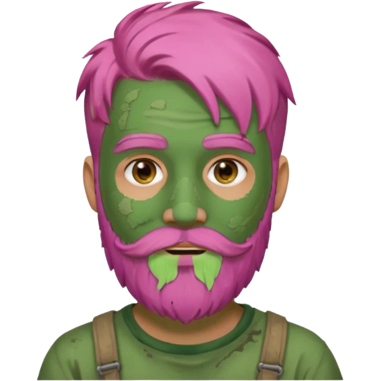 pink haired man with full full face dirty messy green clay mask and beard emoji