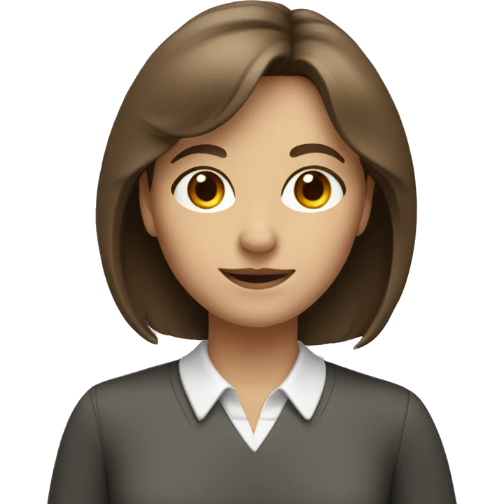 white teacher with brown shoulder length hair, bangs and brown eyes emoji