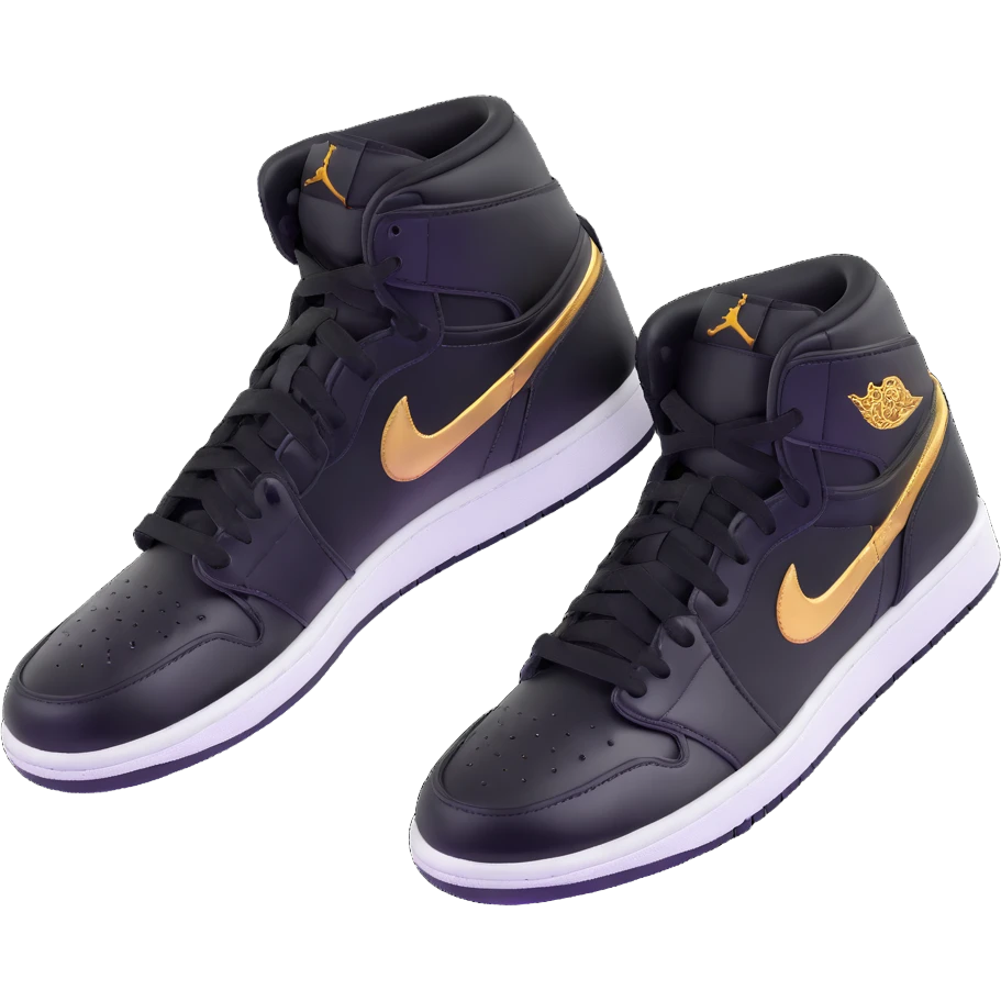 Jordan 1 sneaker, patent leather black material with a metallic gold swoosh emoji