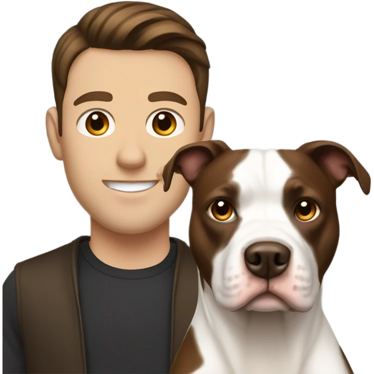 white male with dark brown hair standing alongside a white and brown pitbull emoji