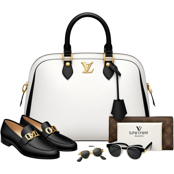 all BLACK AND WHITE 1 bag, and 1 glasses, 1 pair of shoes, and 1 watch rolex, all BLACK AND WHITE, and all luxury items like lv and prada, and rolex, and balenciaga emoji