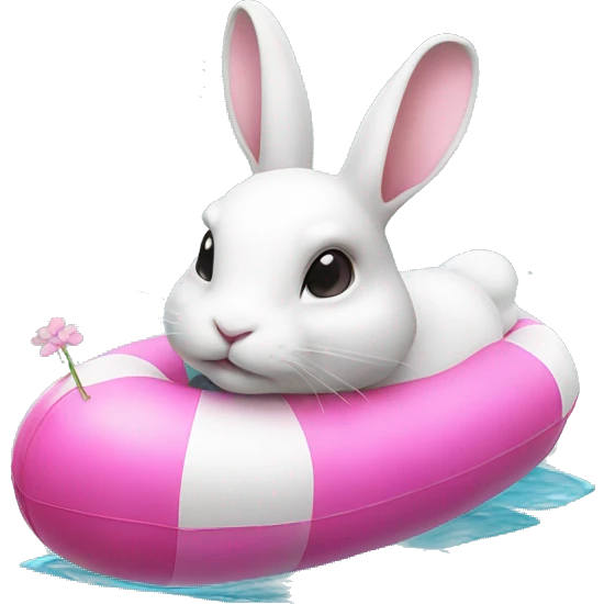 white rabbit wearing a swimming float, pink flower in her ear emoji