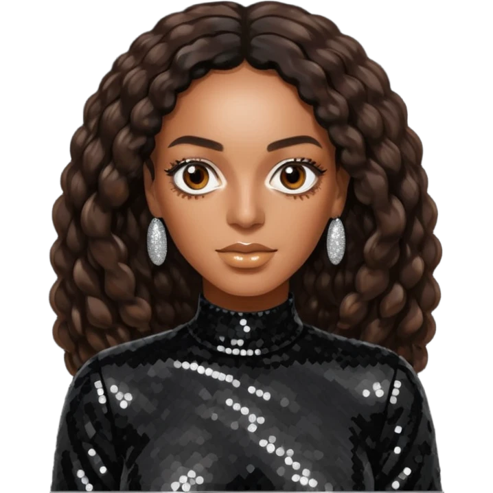 Solange with long dark brown hair, black sequin outfit emoji