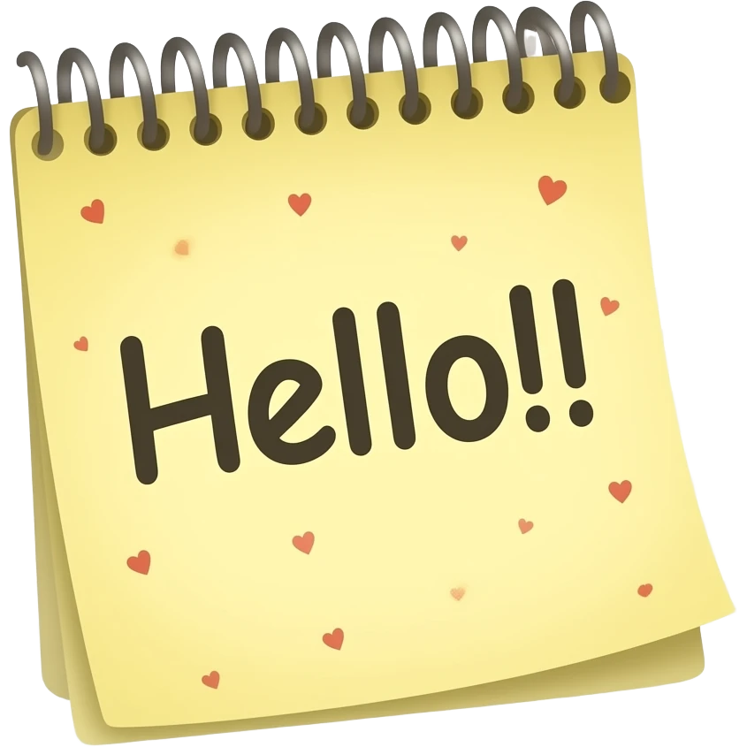 Sticky note that says "Hello!!" with many tiny hearts in transparent emoji