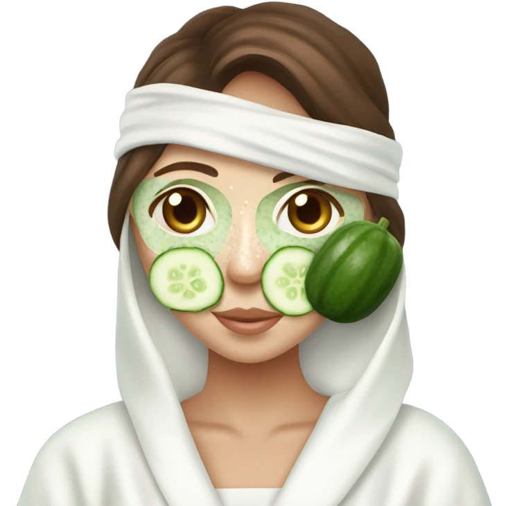 Girl with freackles Brown hair white skin and blue eyes wears Green colored texture skin care mask all over her face while She relaxes and puts two round piece of cucumber on her closed eyes In a white Robe emoji