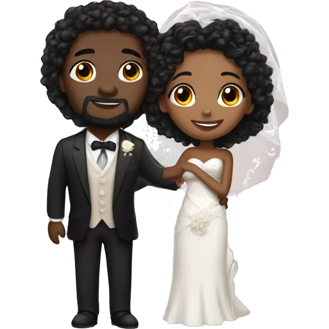 African Bride and Groom. Black long curly hair. Short black haircut. Hugging each other. Eyes closed. emoji