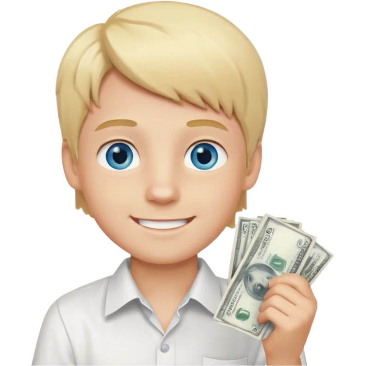 blonde boy, blue eyes, white shirt, holding money, smiling emoji