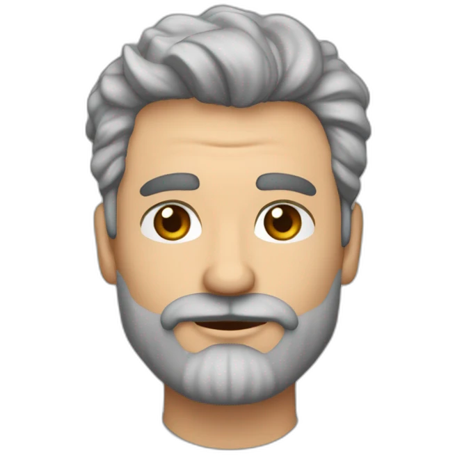 hombre de 47 años con el pelo corto y ondulado canoso, barba canosa cortita, boca grande y labios muy carnosos, ojos color gris claro emoji