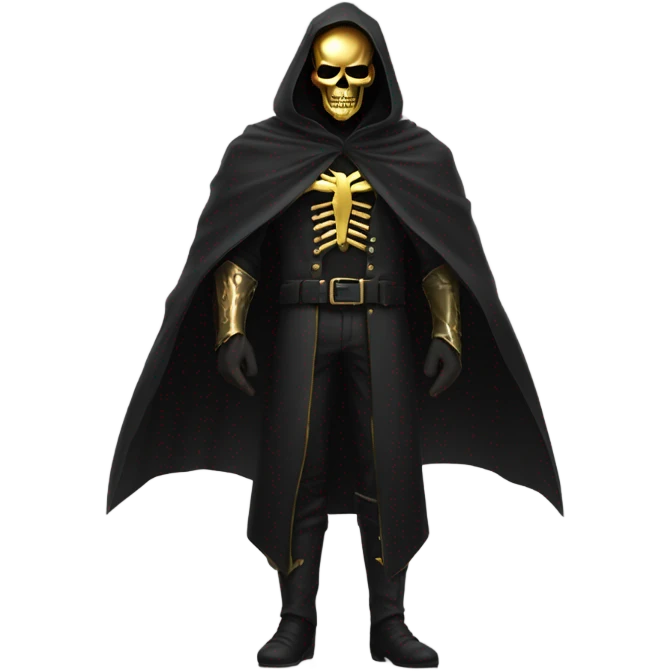 Bounty Hunter Boss with black cape and a gold skull mask from death Stranding, full body view emoji