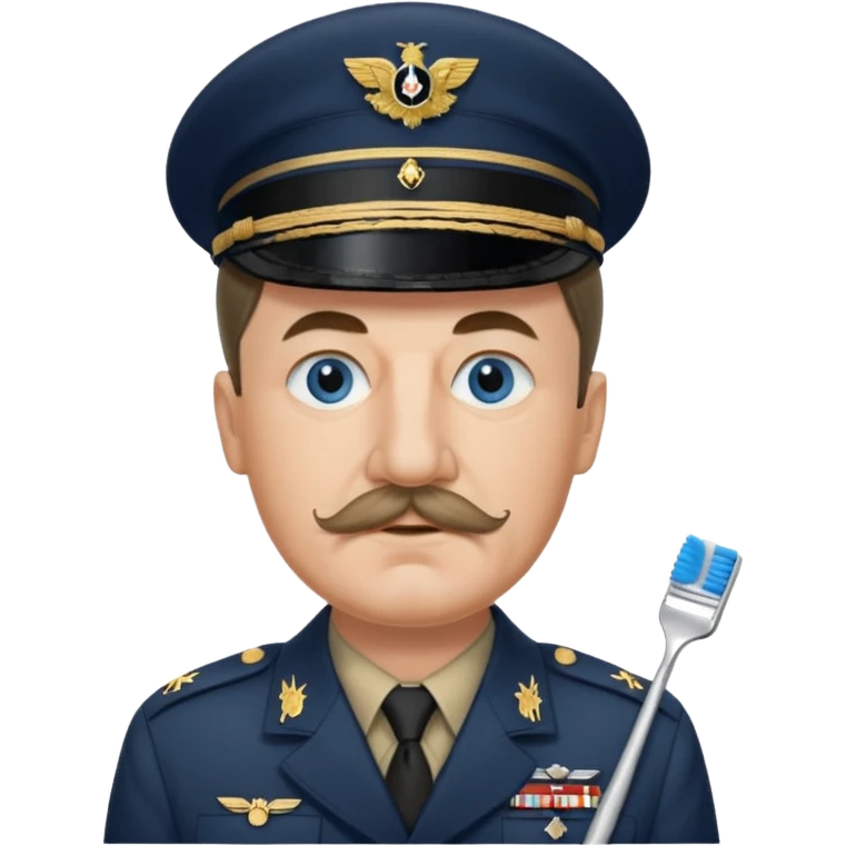 Adolf Hitler had an oval face with fair skin. His eyes were blue and his eyebrows were dark and somewhat bushy. Above his upper lip he wore a small, brush-like mustache, known as a "toothbrush moustache". His emoji