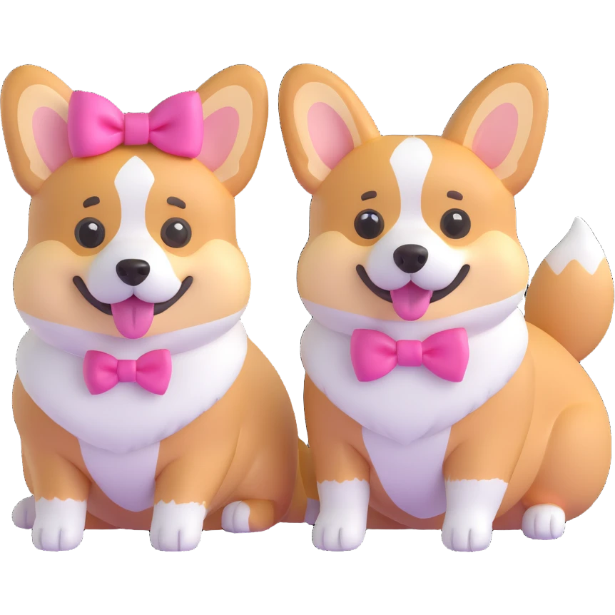 3D emoji style corgi couple, one male corgi and one female corgi with a pink bow, sitting together emoji